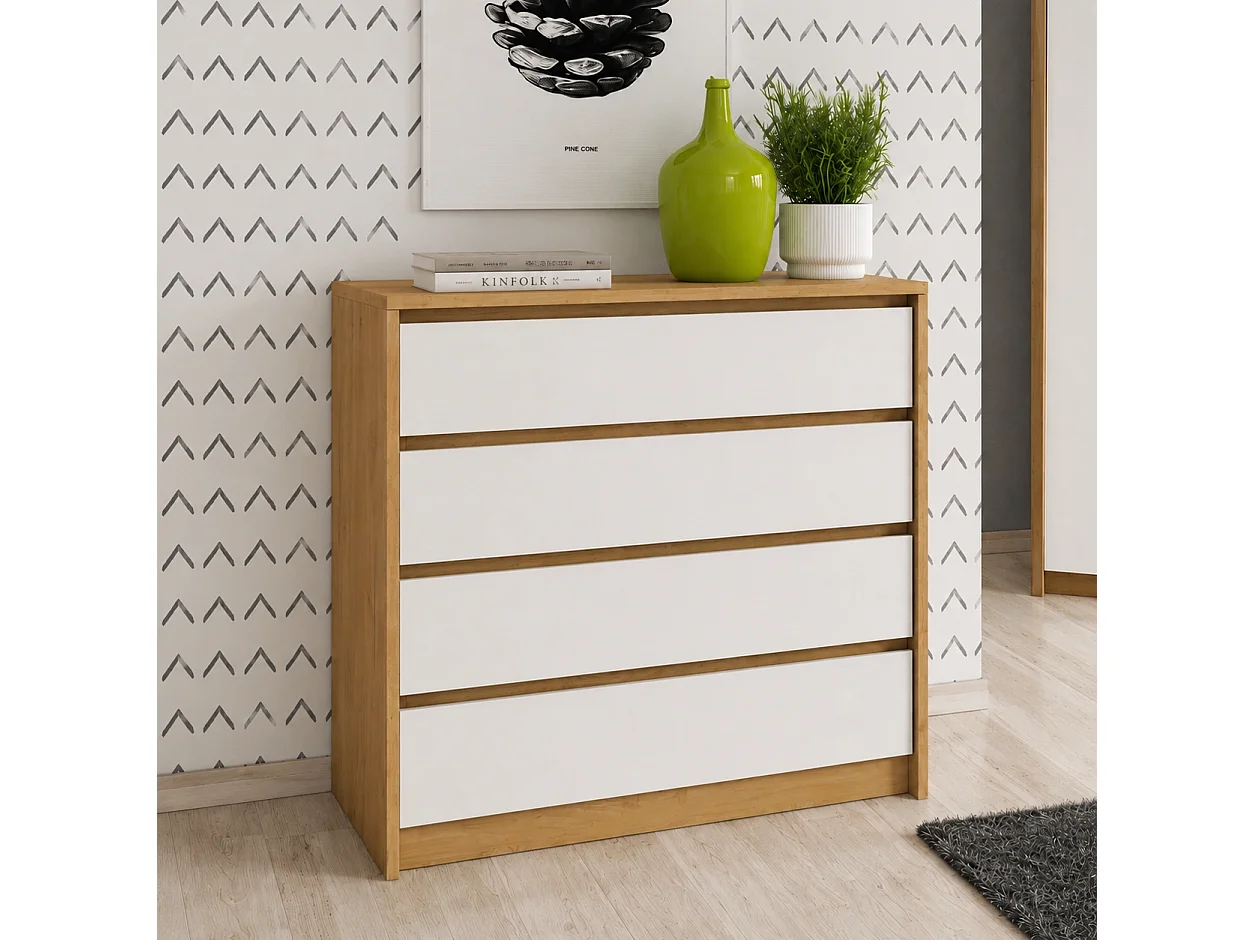 Kommode CORSA F 93 cm mit 4 Schubladen und starker Oberplatte - Eiche Craft Gold / Weiß