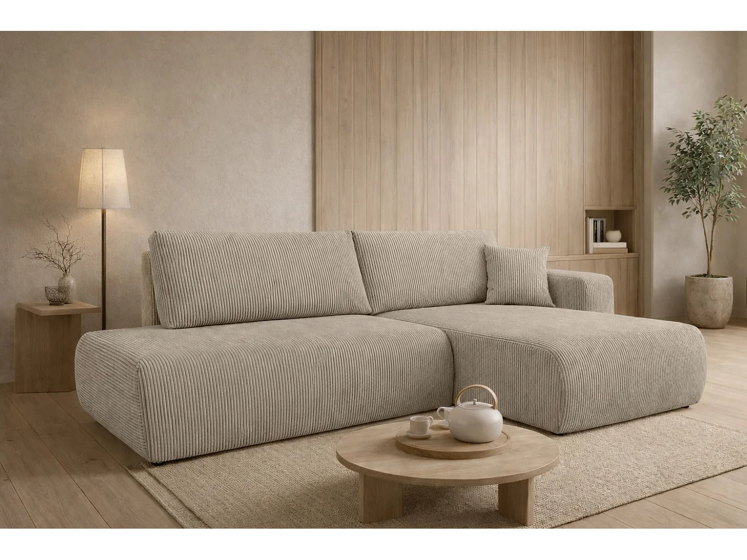 Canapé d’angle avec fonction couchage et coffre de rangement, tissu en velours côtelé Poso, Beige foncé, Droite, OPEN XL