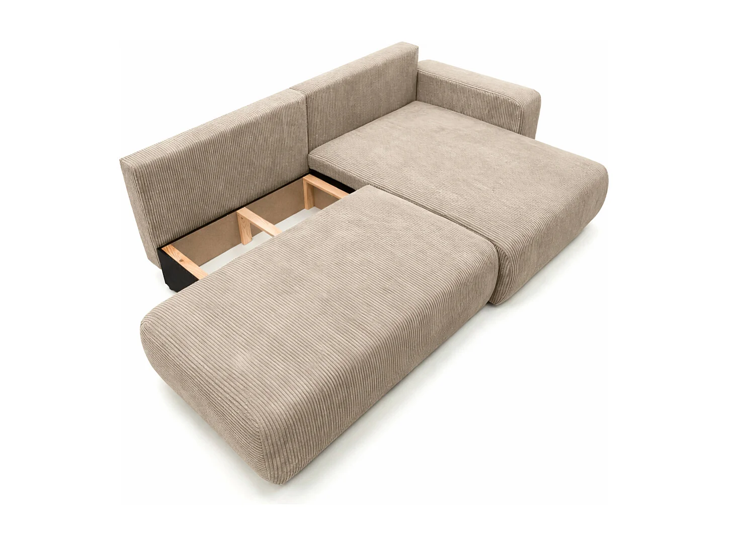 Canapé d’angle avec fonction couchage et coffre de rangement, tissu en velours côtelé Poso, Beige foncé, Droite, OPEN XL
