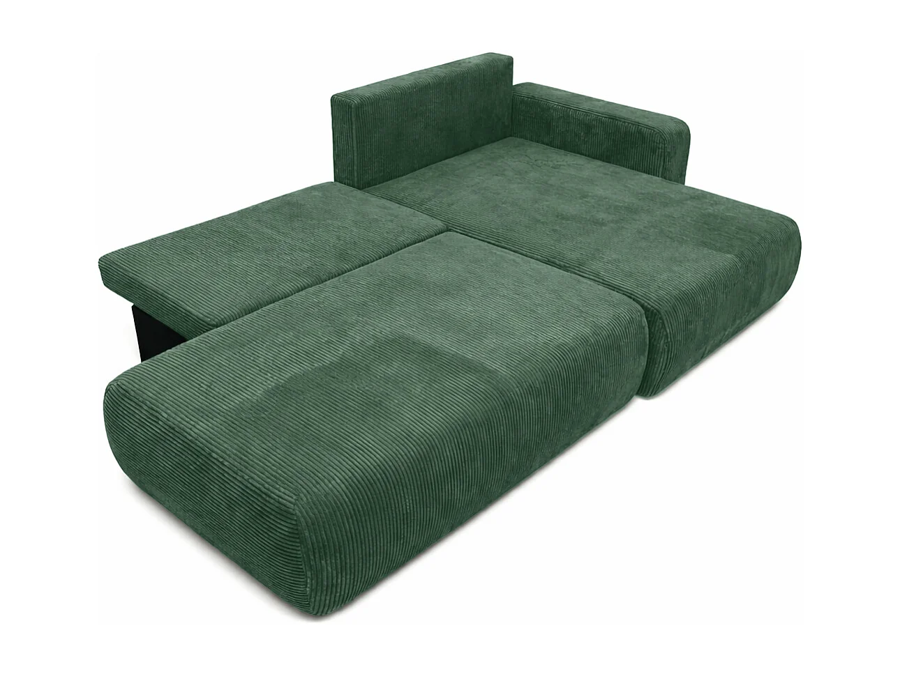 Hoekbank met slaapfunctie en opbergruimte, koordstof Poso, Groen, Rechts, OPEN XL