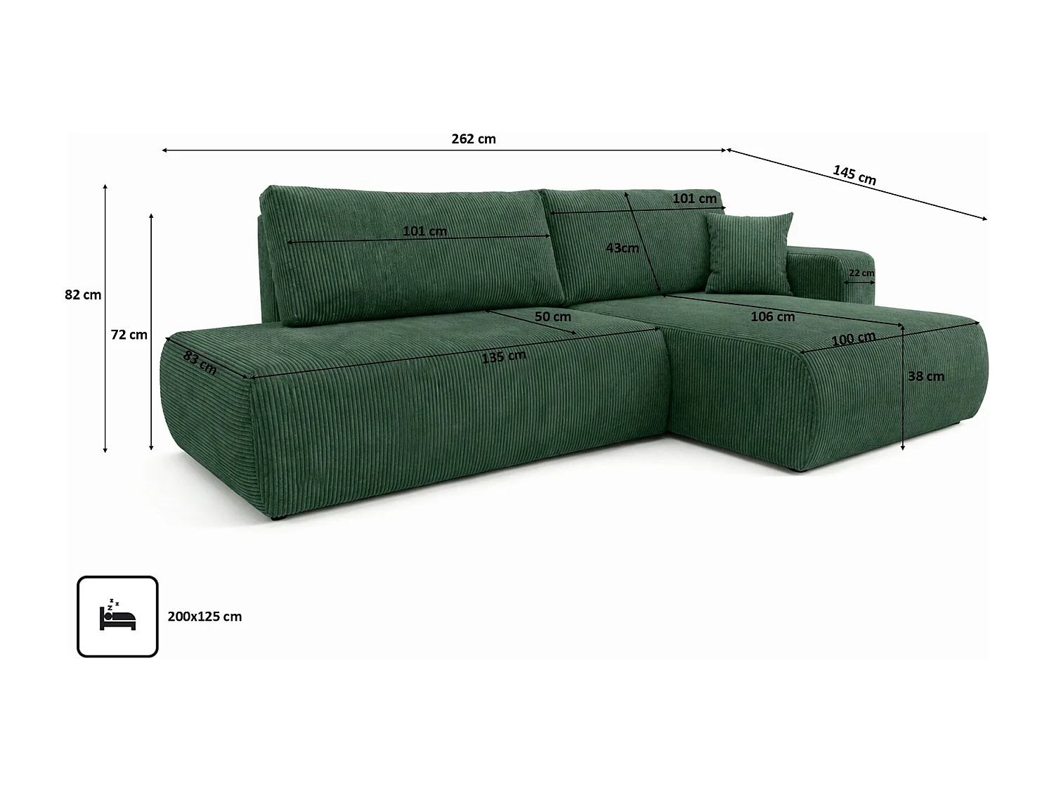 Hoekbank met slaapfunctie en opbergruimte, koordstof Poso, Groen, Rechts, OPEN XL
