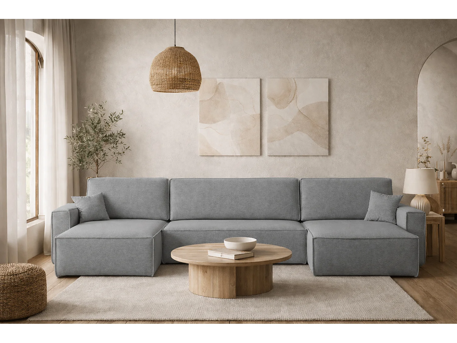 Canapé d’angle en U avec fonction couchage et coffre de rangement, tissu Verita, Gris, BEST U XL