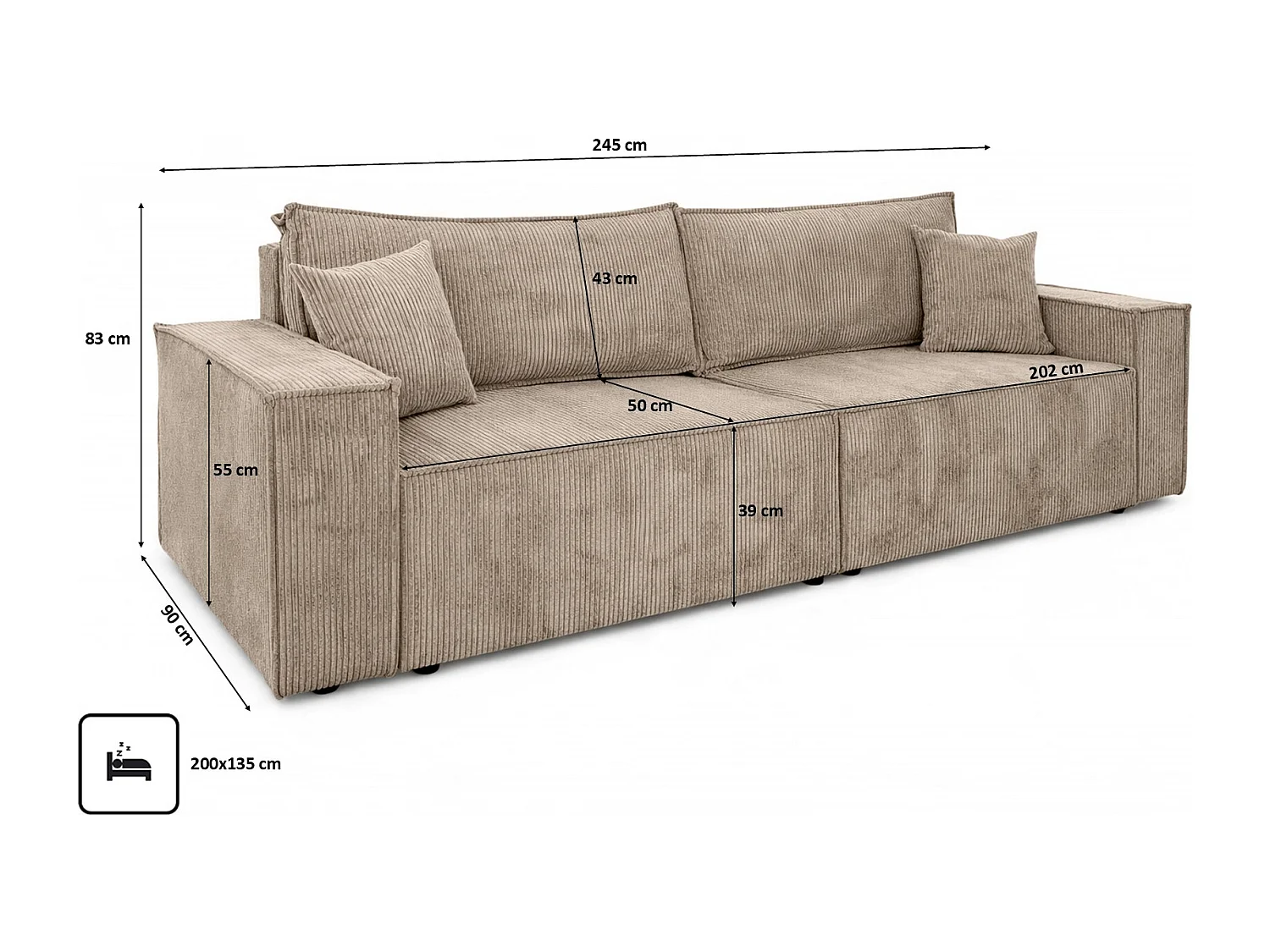 Sofa mit Schlaffunktion und Bettkasten, Cordstoff Poso, Dunkelbeige, BEST SCORNER