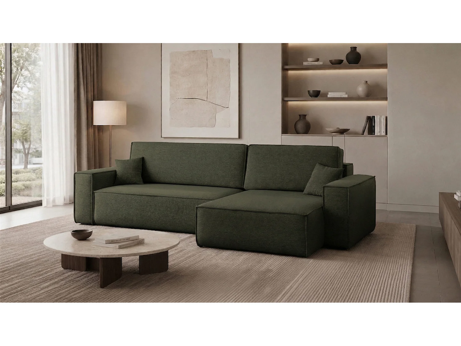 Canapé d’angle en L avec fonction couchage et coffre de rangement, tissu Verita, Vert foncé, Droite, BEST XL