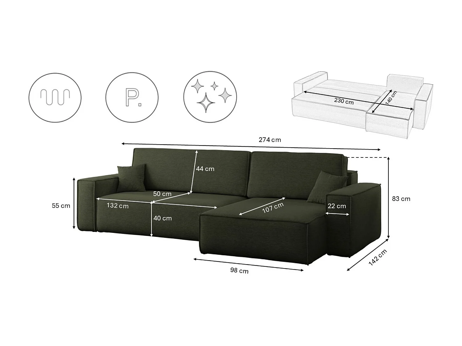 Canapé d’angle en L avec fonction couchage et coffre de rangement, tissu Verita, Vert foncé, Droite, BEST XL