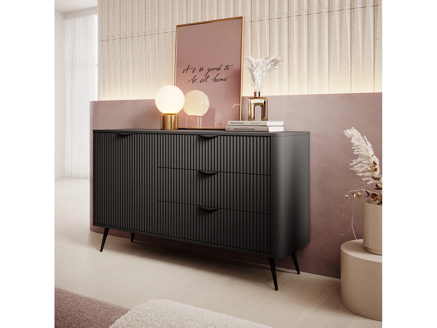 Sideboard Kommode Flore 1 Tür und 3 Schubladen mit geriffelten Fronten - Schwarz - 138 cm