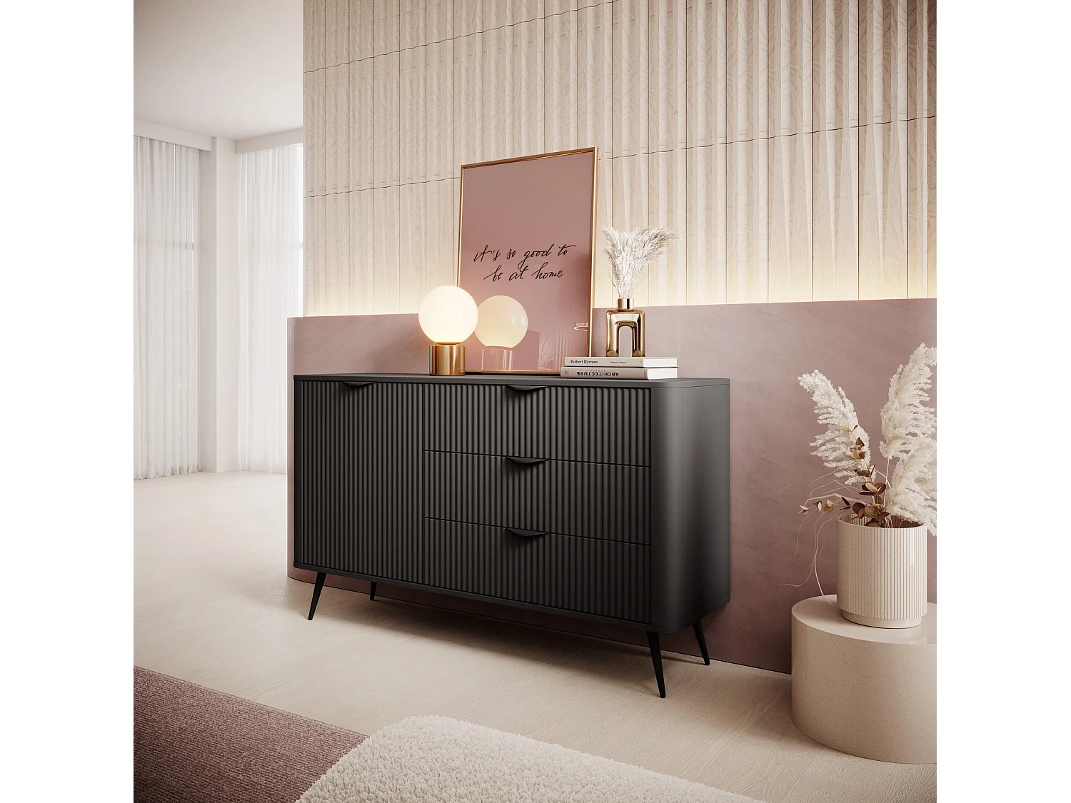 Sideboard Kommode Flore 1 Tür und 3 Schubladen mit geriffelten Fronten - Schwarz - 138 cm