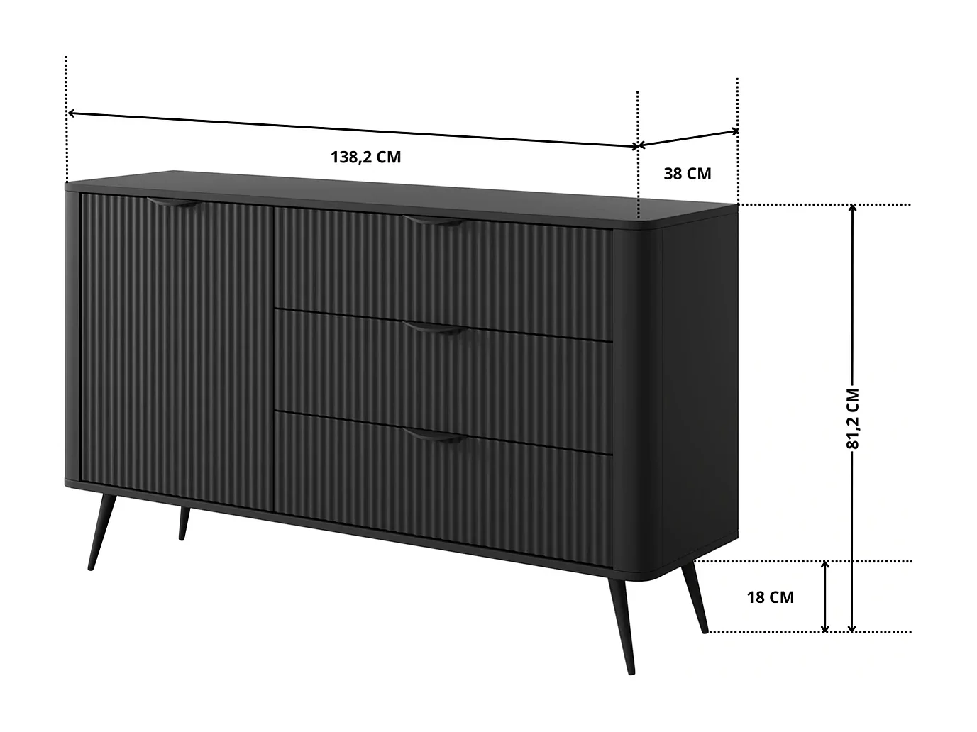 Sideboard Kommode Flore 1 Tür und 3 Schubladen mit geriffelten Fronten - Schwarz - 138 cm