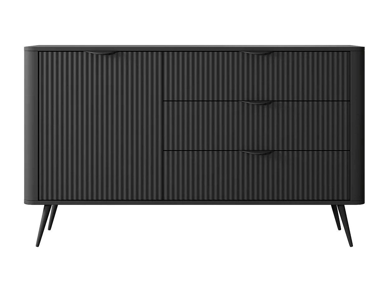 Sideboard Kommode Flore 1 Tür und 3 Schubladen mit geriffelten Fronten - Schwarz - 138 cm