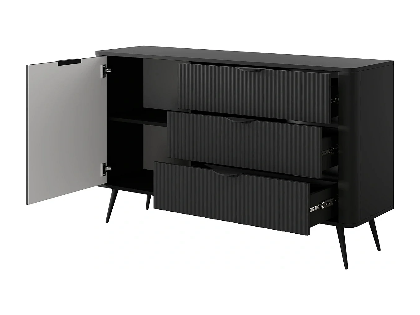 Sideboard Kommode Flore 1 Tür und 3 Schubladen mit geriffelten Fronten - Schwarz - 138 cm