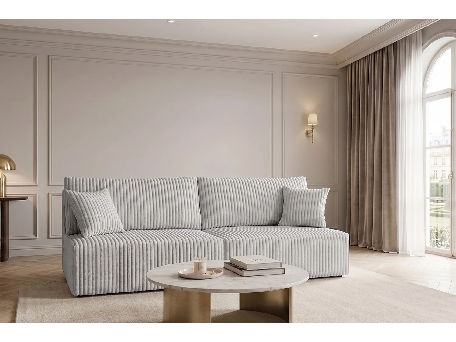 Canapé avec fonction couchage et coffre de rangement, tissu en velours côtelé Tilia, Gris, BEST MINI