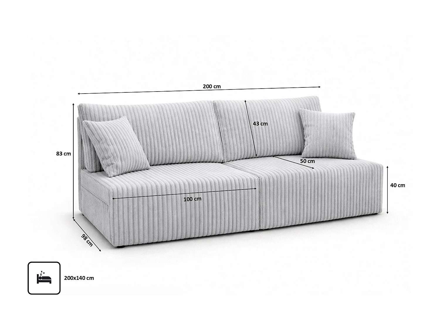 Canapé avec fonction couchage et coffre de rangement, tissu en velours côtelé Tilia, Gris, BEST MINI