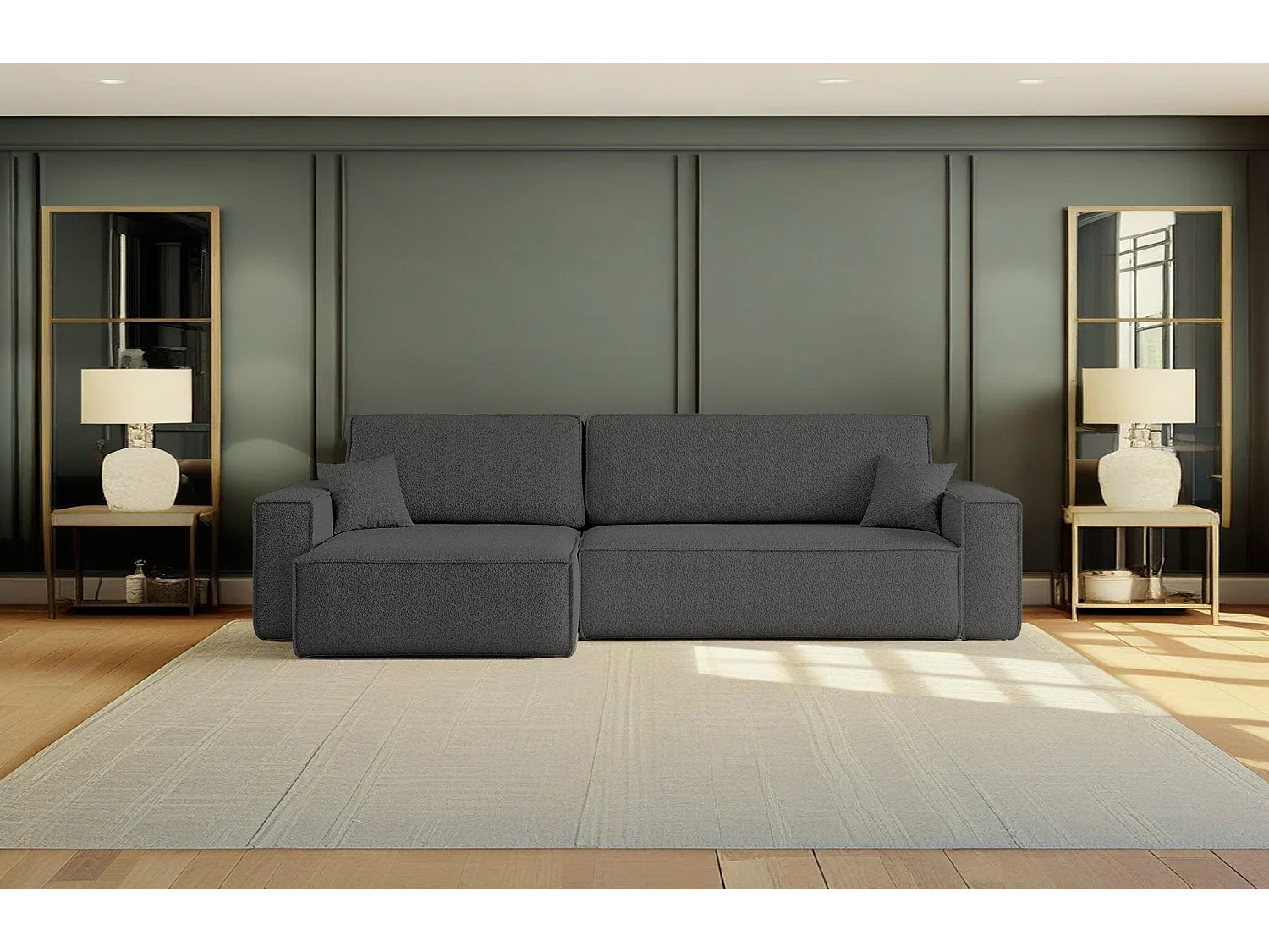 Canapé d’angle en L avec fonction couchage et coffre de rangement, tissu Quelle, Graphite, Gauche, BEST XL
