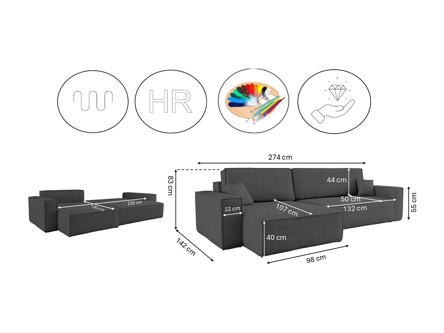 Canapé d’angle en L avec fonction couchage et coffre de rangement, tissu Quelle, Graphite, Gauche, BEST XL