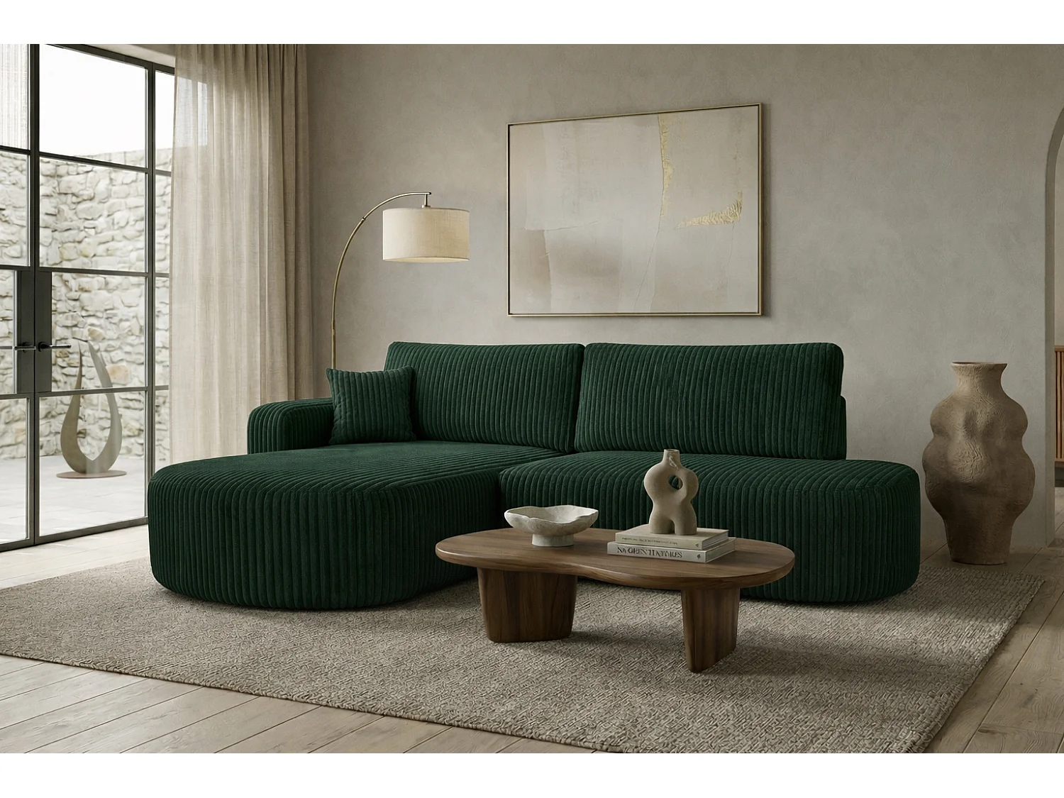 Hoekbank met slaapfunctie en opbergruimte, corduroy stof Tilia, Groen, Links, ROUND ONE OPEN XL