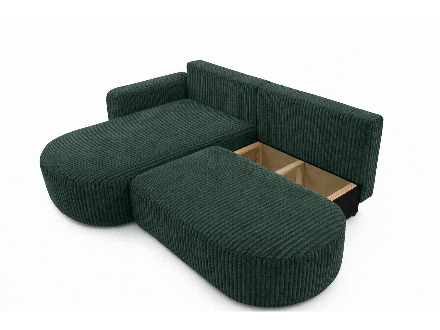 Hoekbank met slaapfunctie en opbergruimte, corduroy stof Tilia, Groen, Links, ROUND ONE OPEN XL