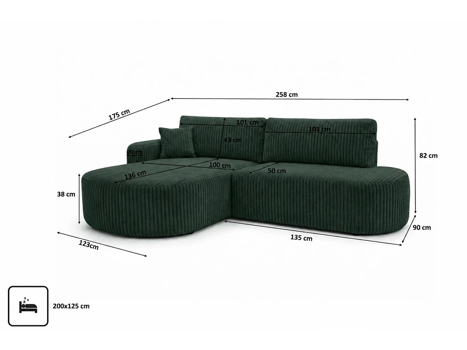 Canapé d'angle gauche convertible 4 places avec coffre en tissu côtelé vert ONE