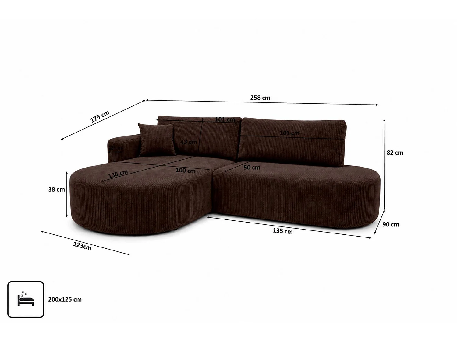 Canapé d'angle gauche convertible 4 places avec coffre en tissu côtelé marron ONE