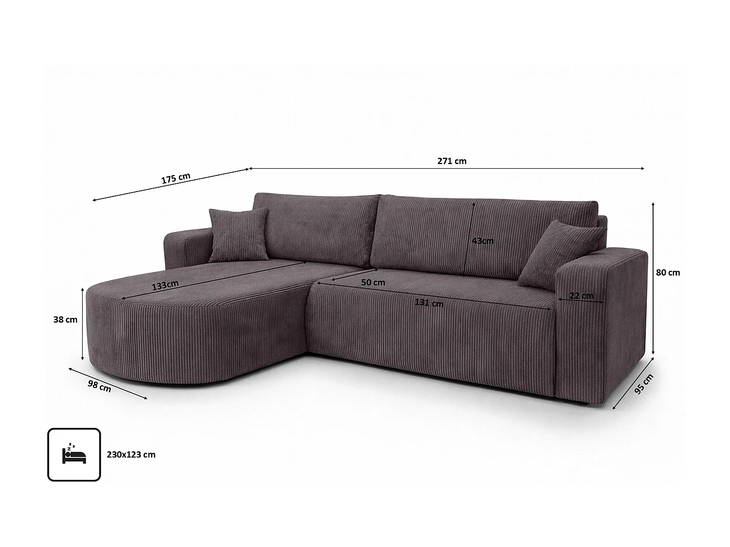 Hoekbank met slaapfunctie, koordstof Poso, Donkergrijs, Links, ROUND ONE XL