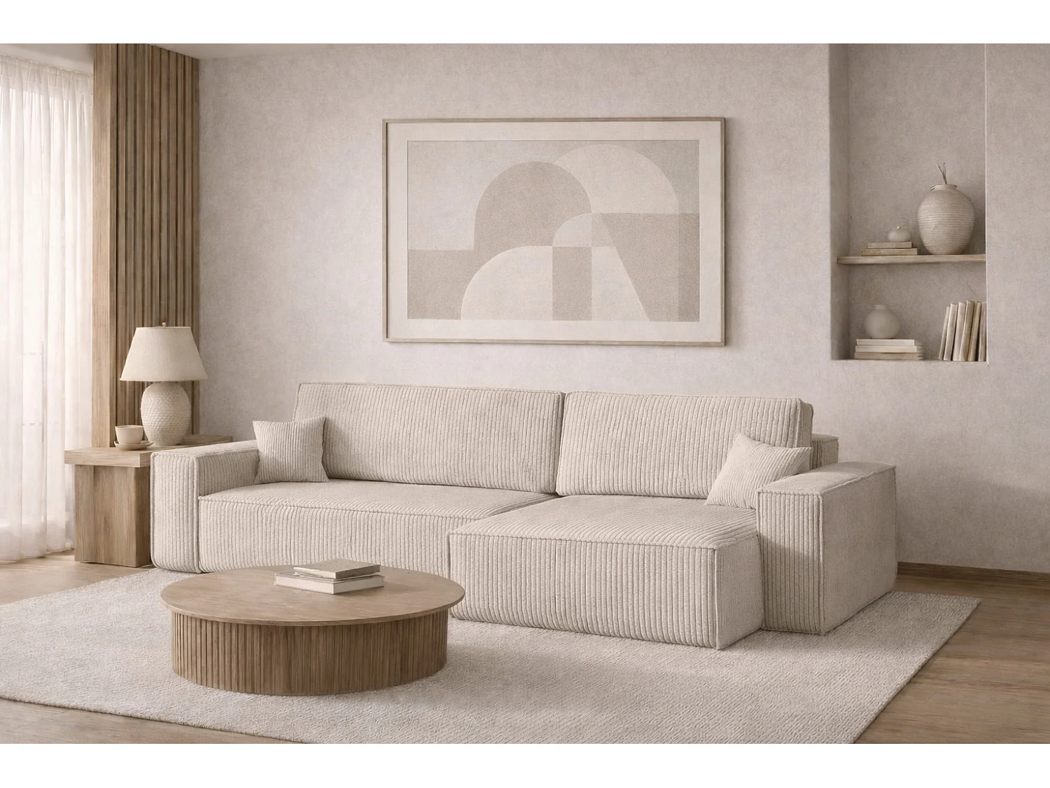 Canapé d’angle en L avec fonction couchage et coffre de rangement, tissu Poso velours côtelé épais, Beige, Droite, BEST XL