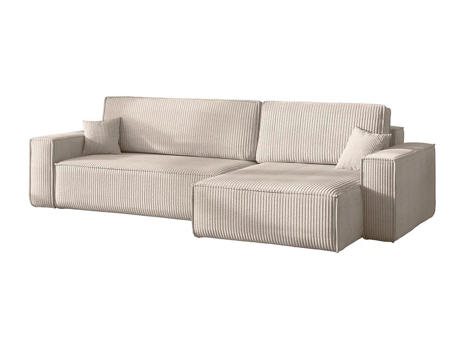 Canapé d’angle en L avec fonction couchage et coffre de rangement, tissu Poso velours côtelé épais, Beige, Droite, BEST XL