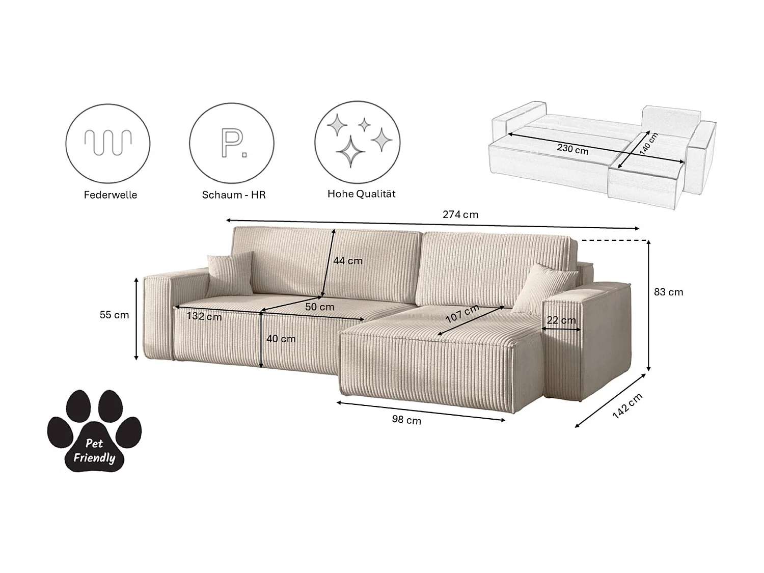 Canapé d’angle en L avec fonction couchage et coffre de rangement, tissu Poso velours côtelé épais, Beige, Droite, BEST XL