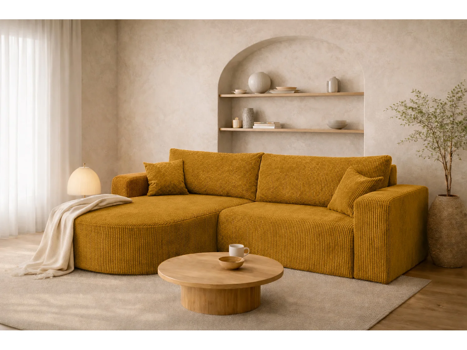Canapé d’angle avec fonction couchage, tissu en velours côtelé Poso, Couleur moutarde, Gauche, ROUND ONE