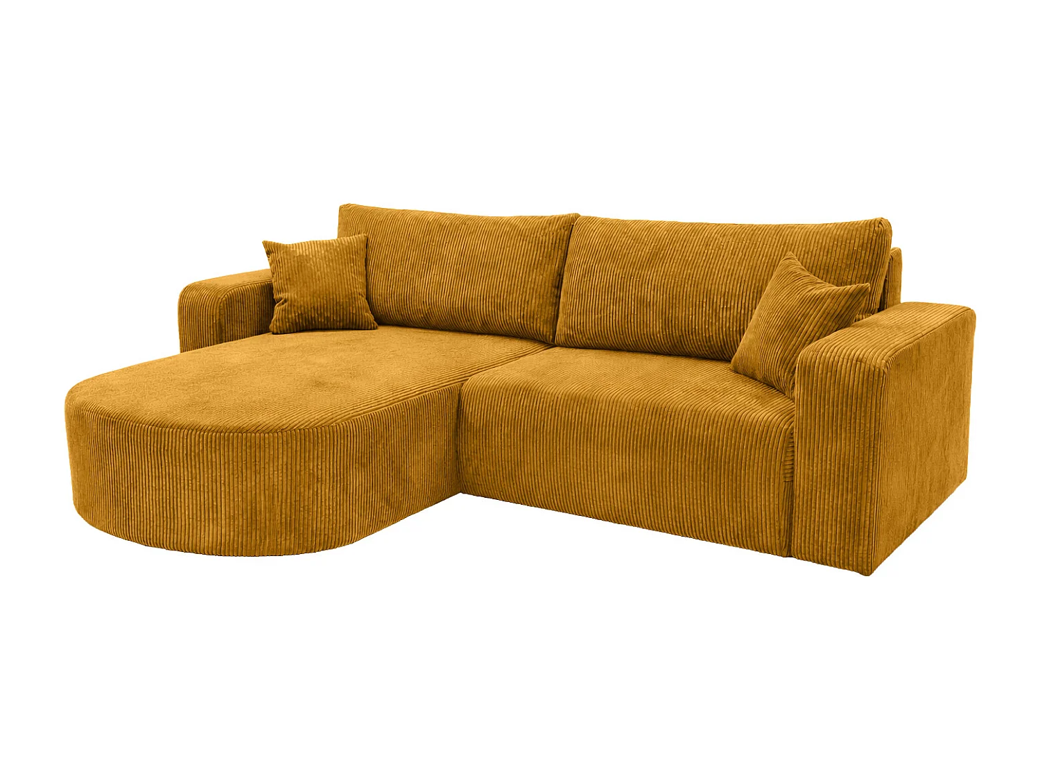 Canapé d’angle avec fonction couchage, tissu en velours côtelé Poso, Couleur moutarde, Gauche, ROUND ONE