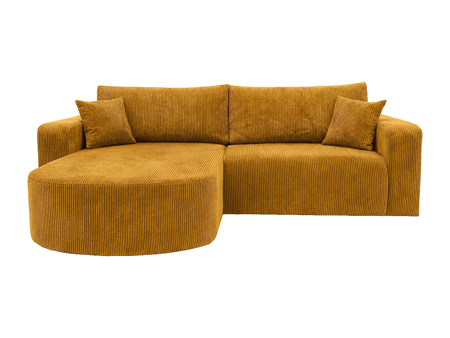 Canapé d’angle avec fonction couchage, tissu en velours côtelé Poso, Couleur moutarde, Gauche, ROUND ONE