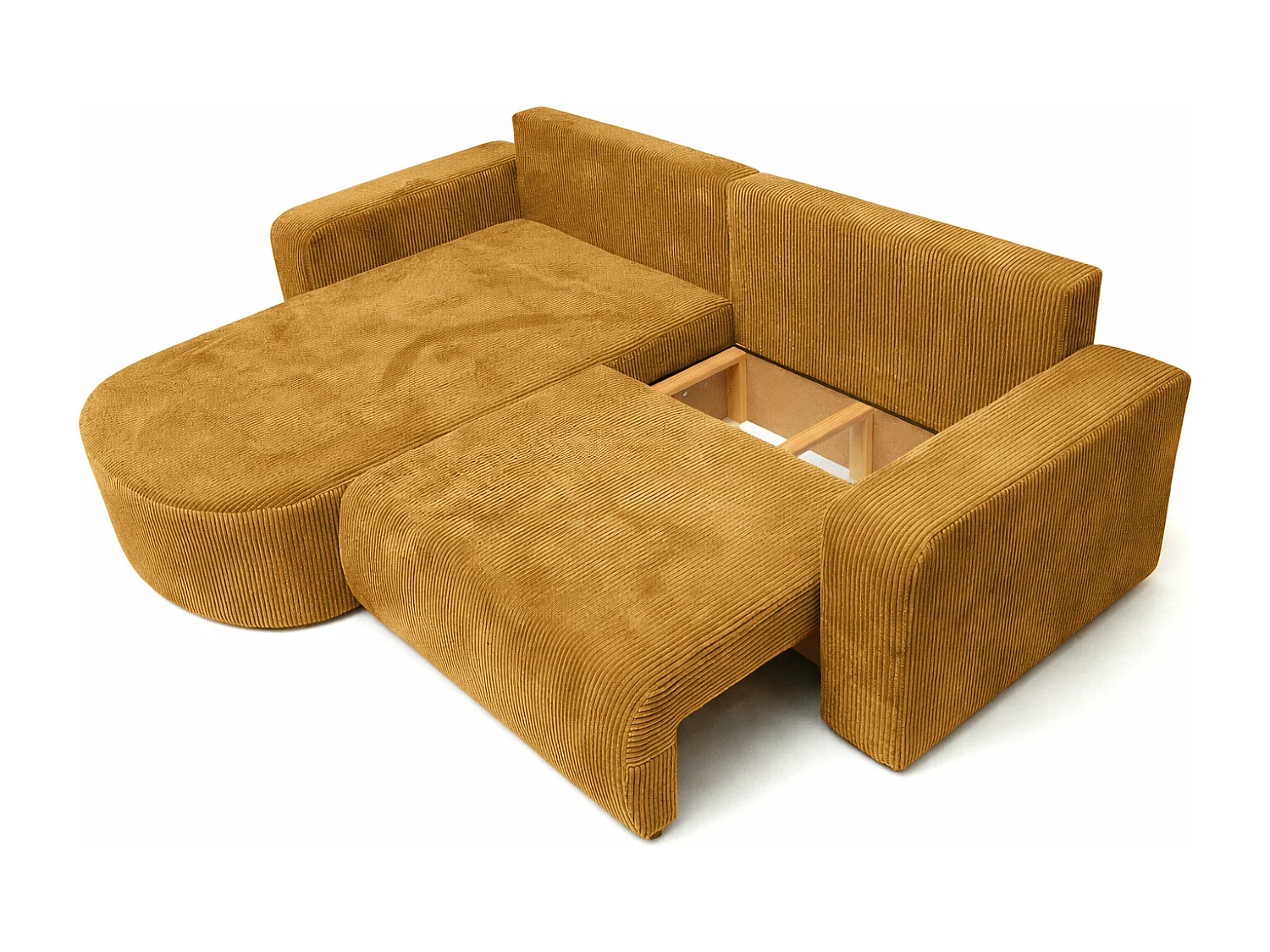 Canapé d’angle avec fonction couchage, tissu en velours côtelé Poso, Couleur moutarde, Gauche, ROUND ONE