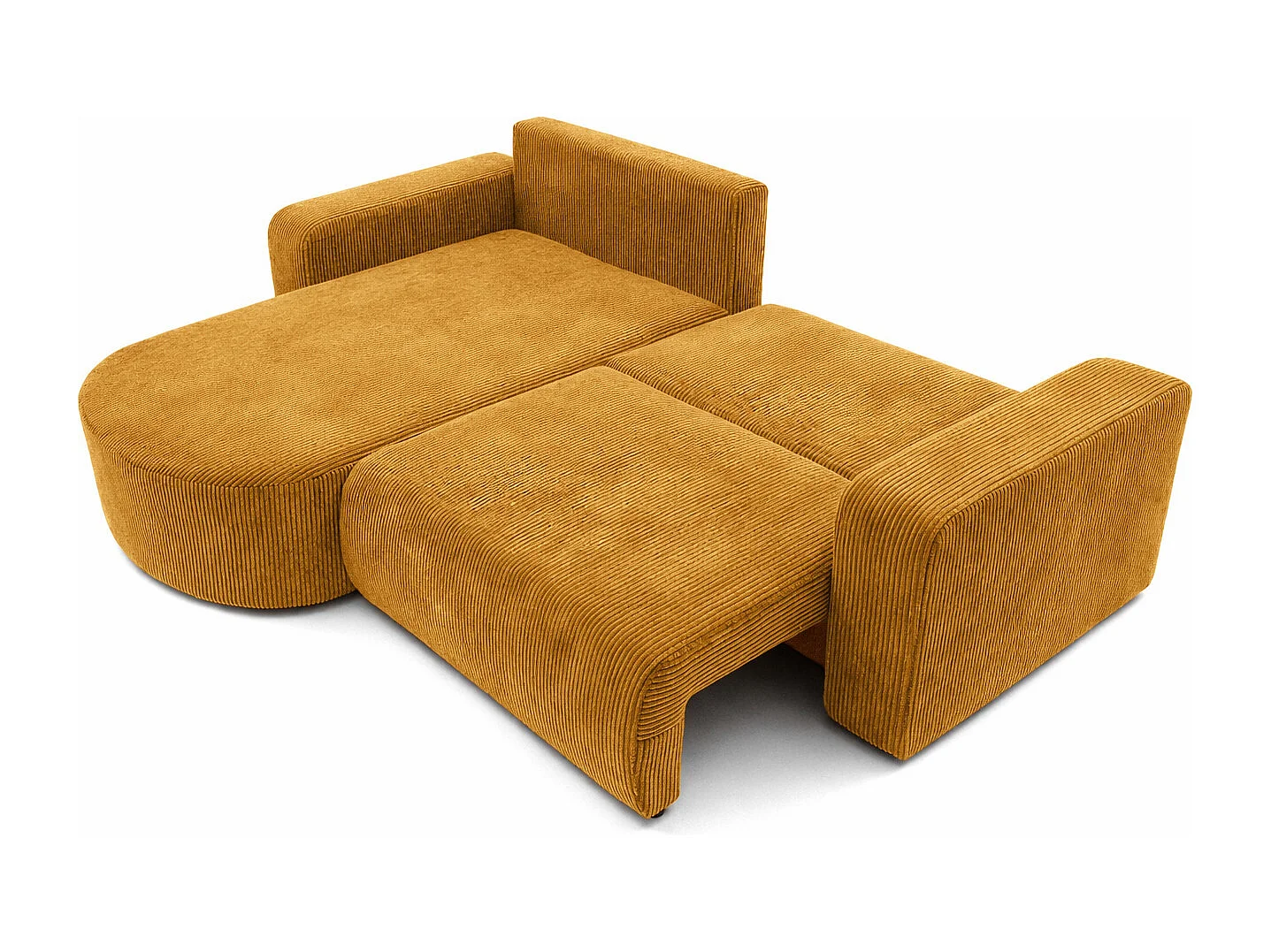Canapé d’angle avec fonction couchage, tissu en velours côtelé Poso, Couleur moutarde, Gauche, ROUND ONE