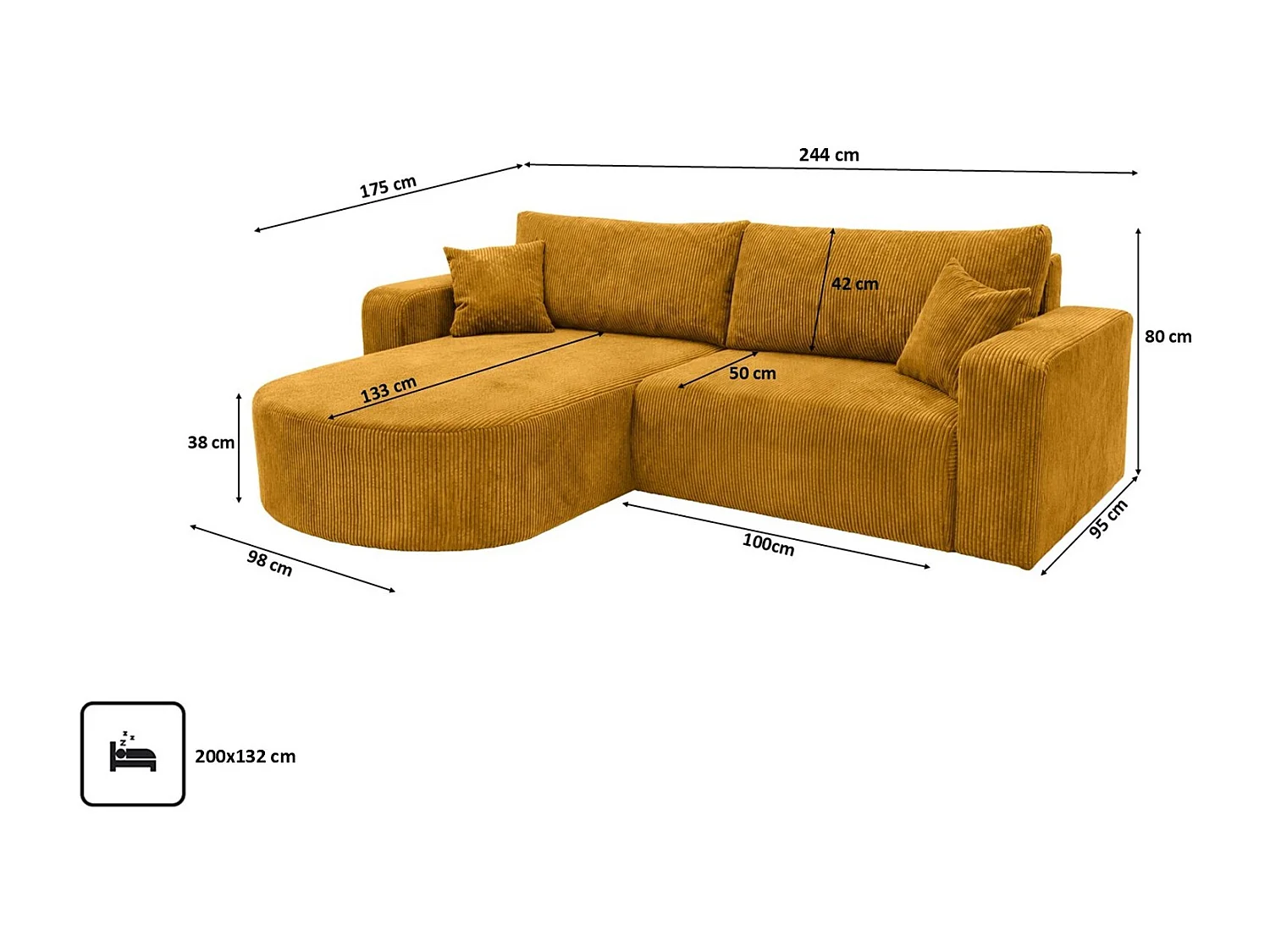 Canapé d’angle avec fonction couchage, tissu en velours côtelé Poso, Couleur moutarde, Gauche, ROUND ONE