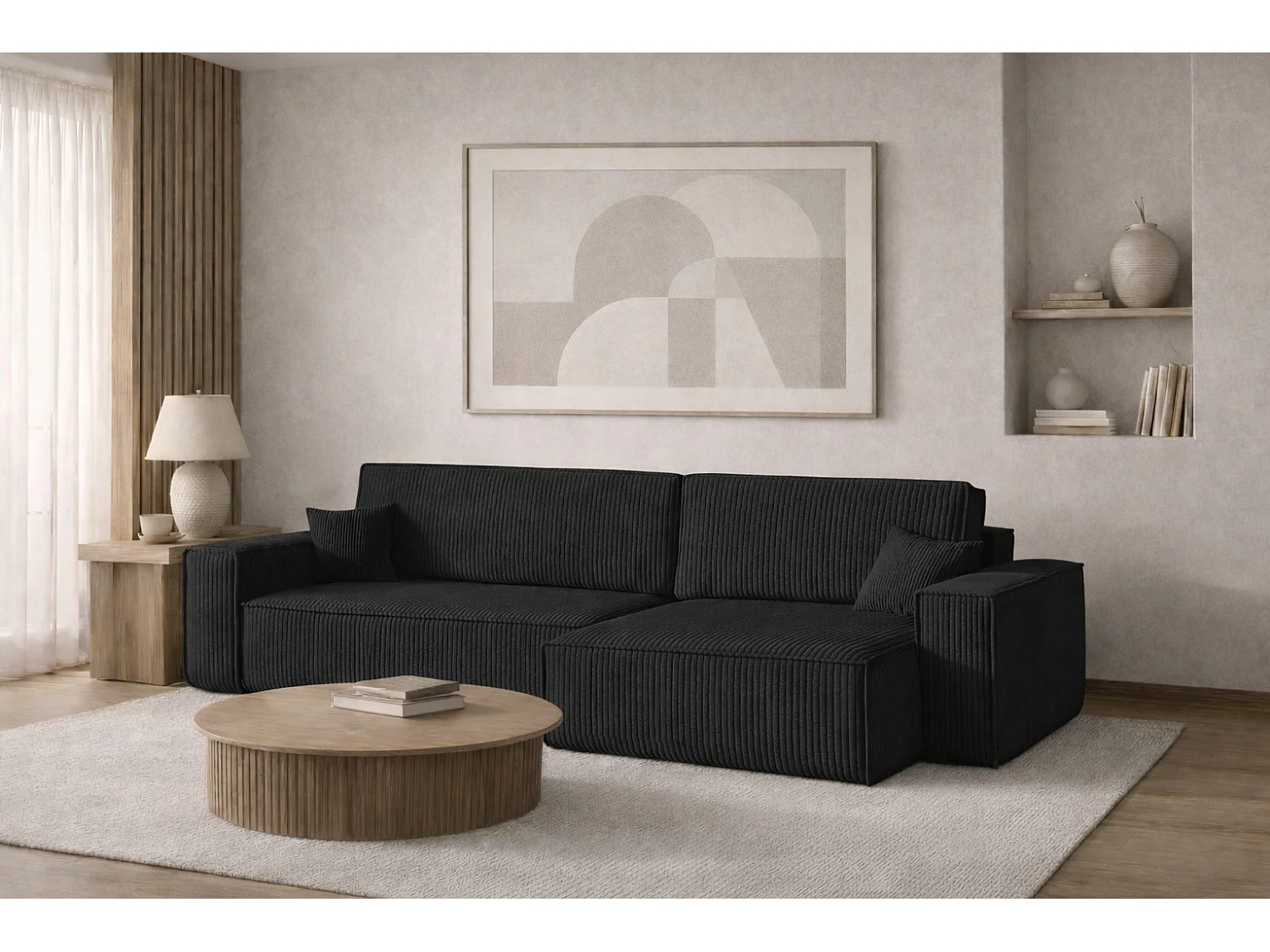 Canapé d’angle en L avec fonction couchage et coffre de rangement, tissu Poso velours côtelé épais, Noir, Droite, BEST XL