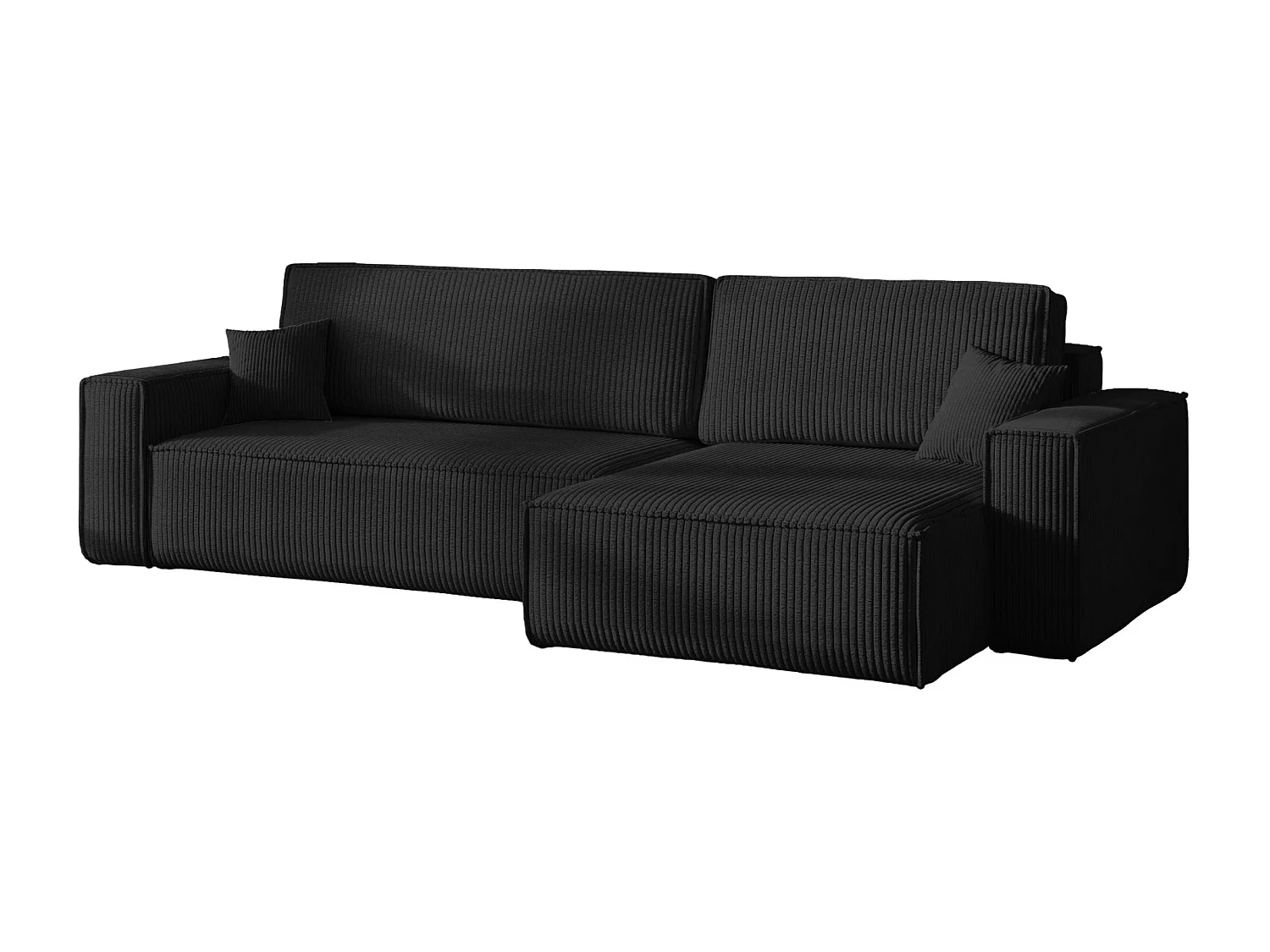 Canapé d’angle en L avec fonction couchage et coffre de rangement, tissu Poso velours côtelé épais, Noir, Droite, BEST XL