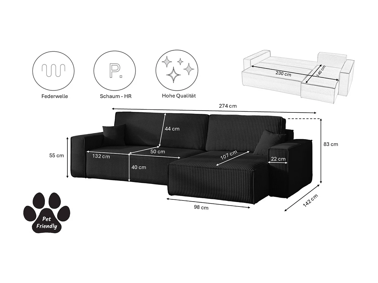 Canapé d’angle en L avec fonction couchage et coffre de rangement, tissu Poso velours côtelé épais, Noir, Droite, BEST XL