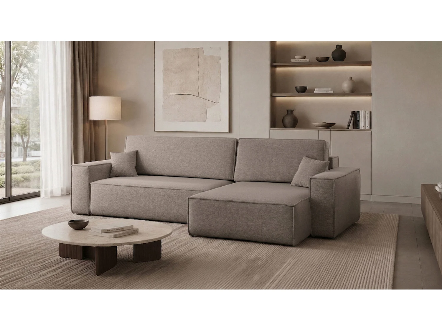 Hoekbank L-vorm met slaapfunctie en opbergruimte, stof Verita, Beige, Rechts, BEST XL
