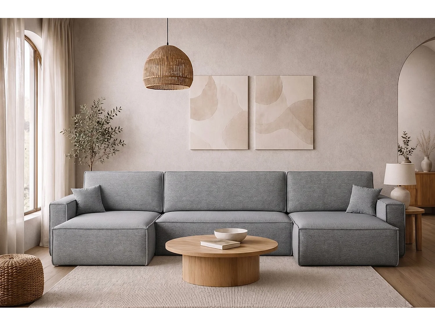 Canapé d’angle en U avec fonction couchage et coffre de rangement, tissu Verita, Acier, BEST U XL