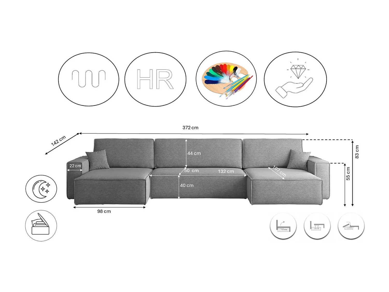Canapé d’angle en U avec fonction couchage et coffre de rangement, tissu Verita, Acier, BEST U XL