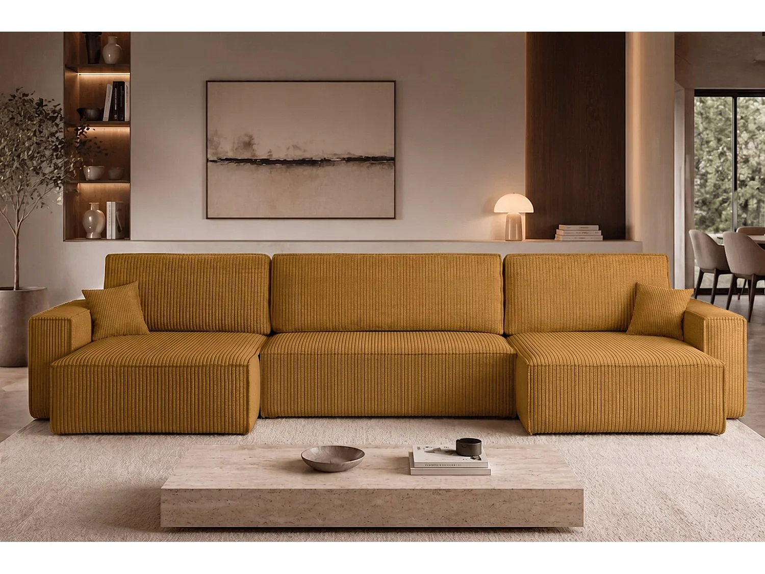 Hoekbank U-vorm met slaapfunctie en opbergruimte, stof Poso dikke cord, Mosterdkleur, BEST U XL