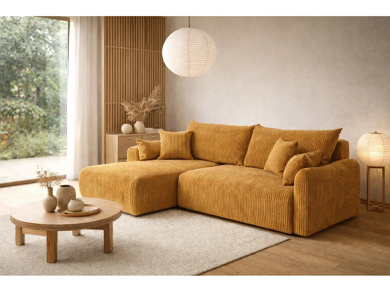 Canapé d’angle avec fonction couchage, tissu en velours côtelé Poso, Couleur moutarde, Gauche, JAPANDI