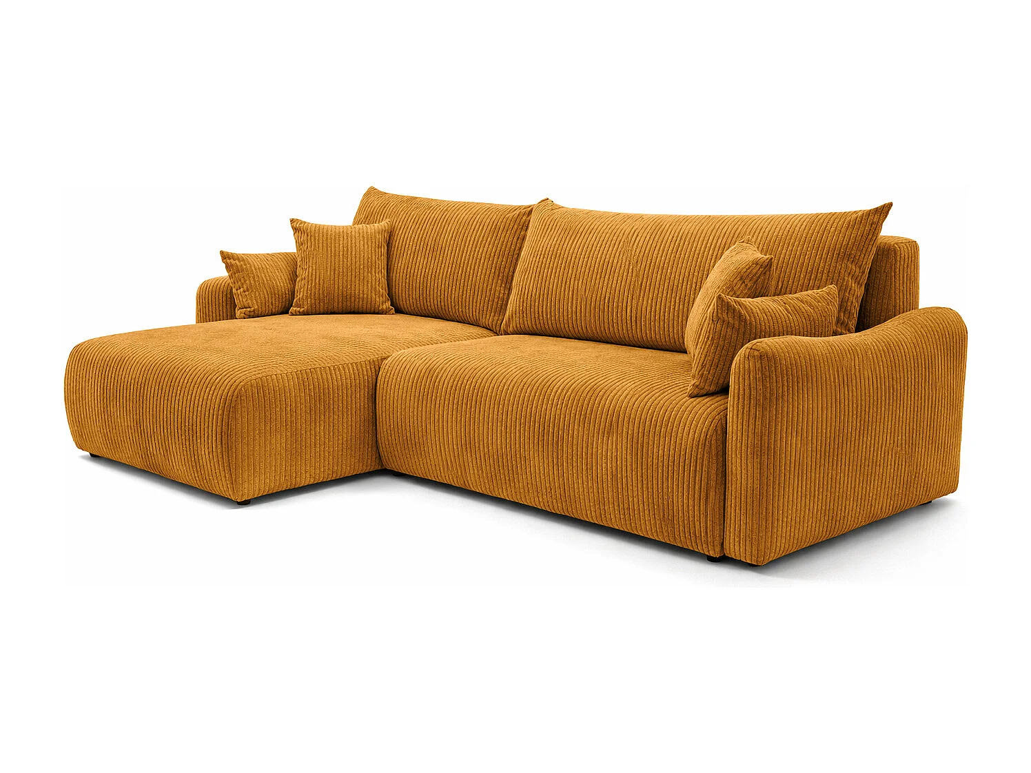 Canapé d’angle avec fonction couchage, tissu en velours côtelé Poso, Couleur moutarde, Gauche, JAPANDI