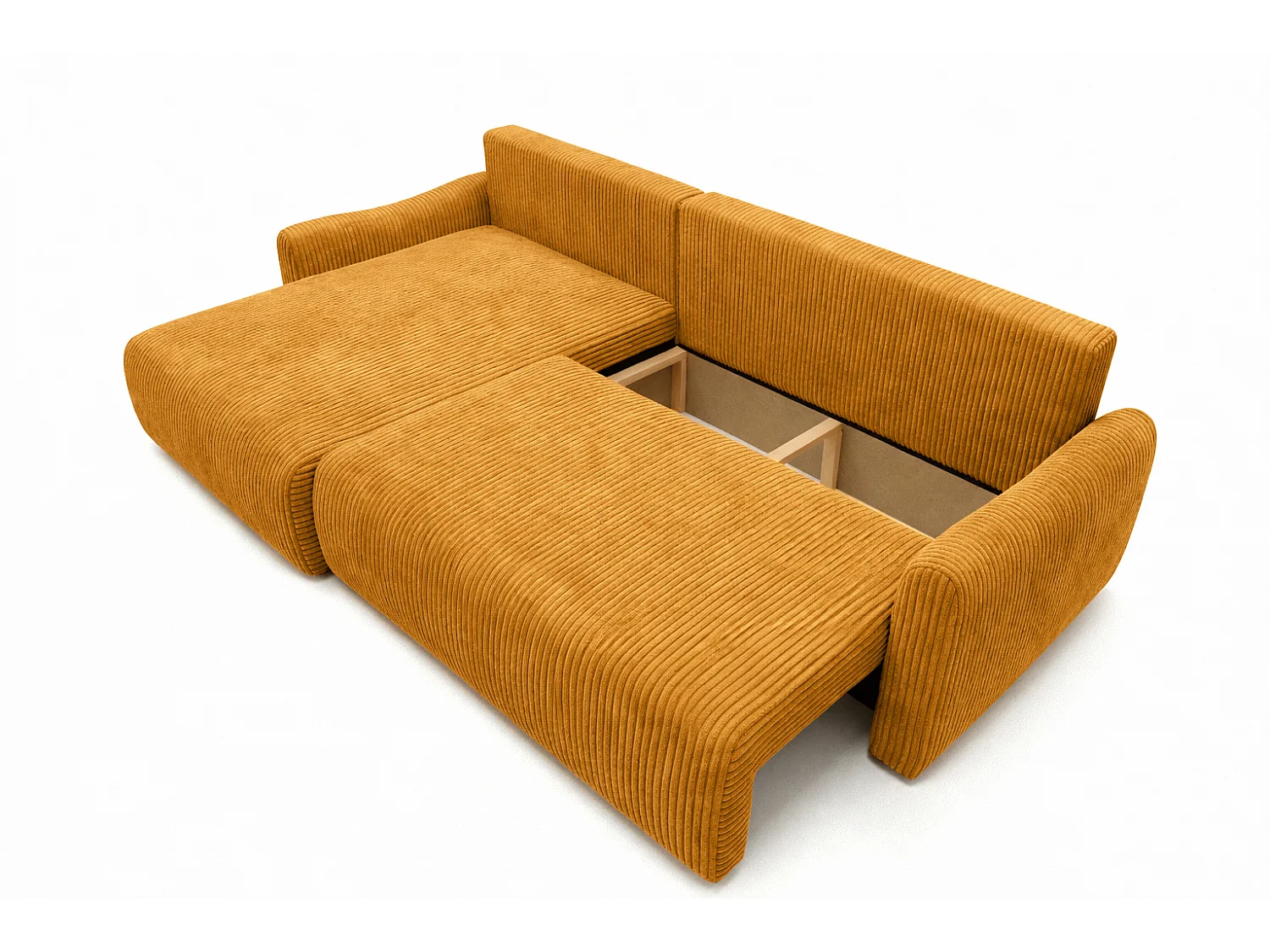 Canapé d’angle avec fonction couchage, tissu en velours côtelé Poso, Couleur moutarde, Gauche, JAPANDI