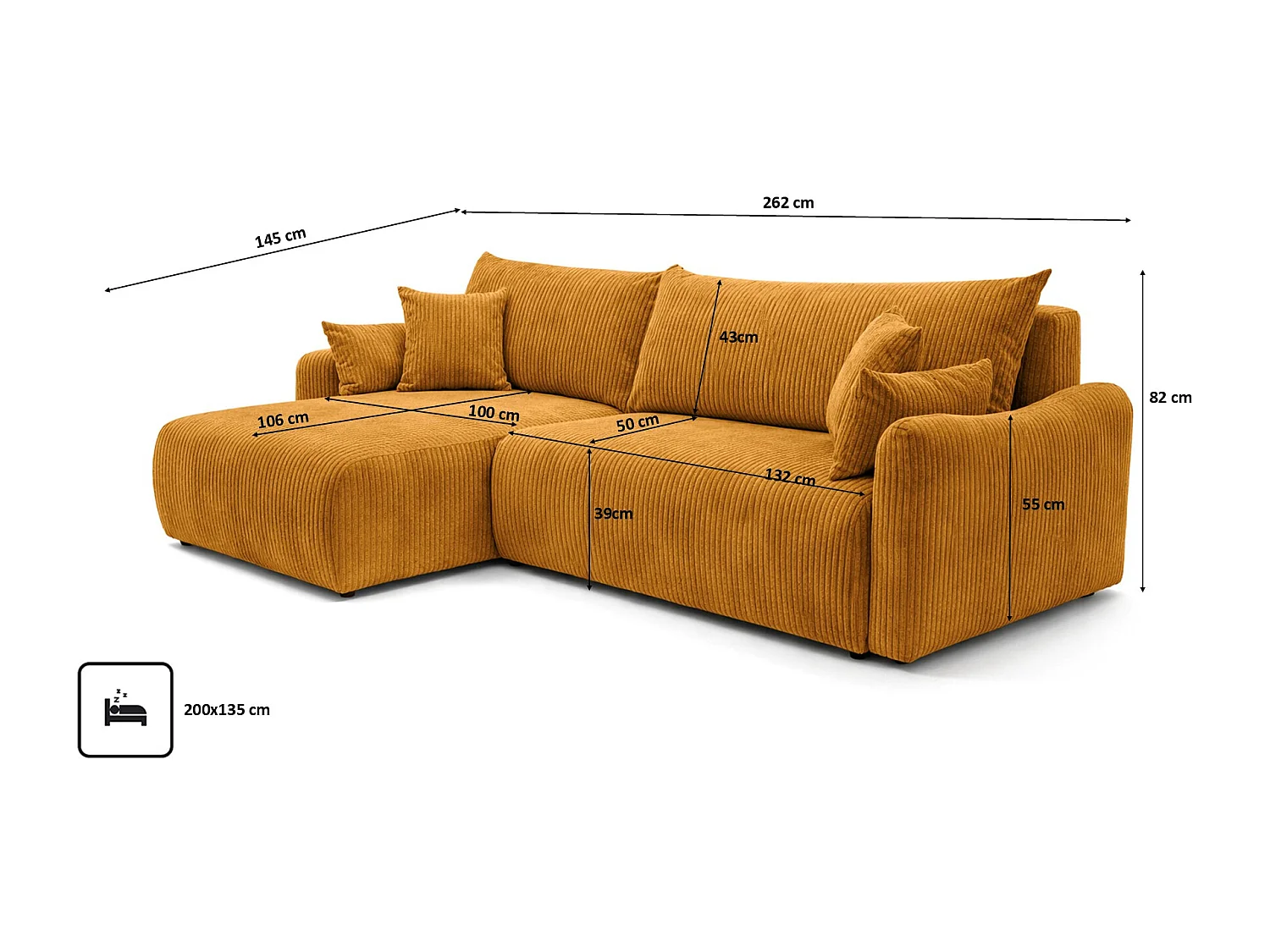 Canapé d’angle avec fonction couchage, tissu en velours côtelé Poso, Couleur moutarde, Gauche, JAPANDI