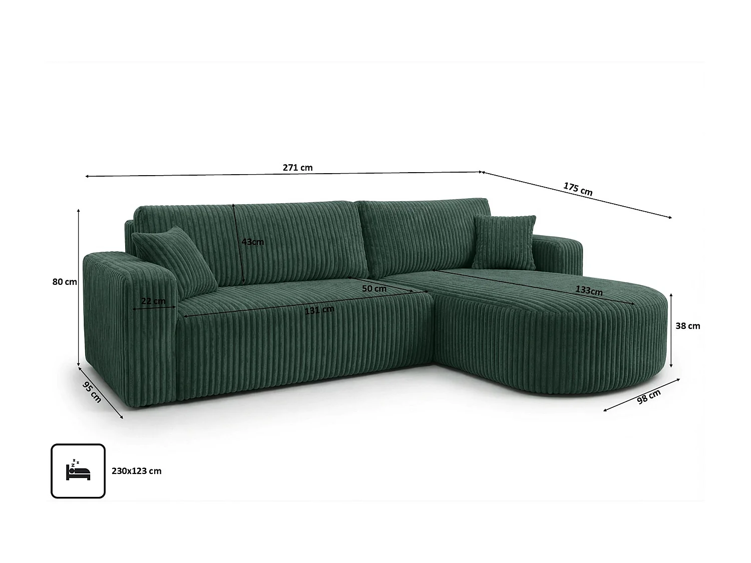 Hoekbank met slaapfunctie, koordstof Tilia, Groen, Rechts, ROUND ONE XL