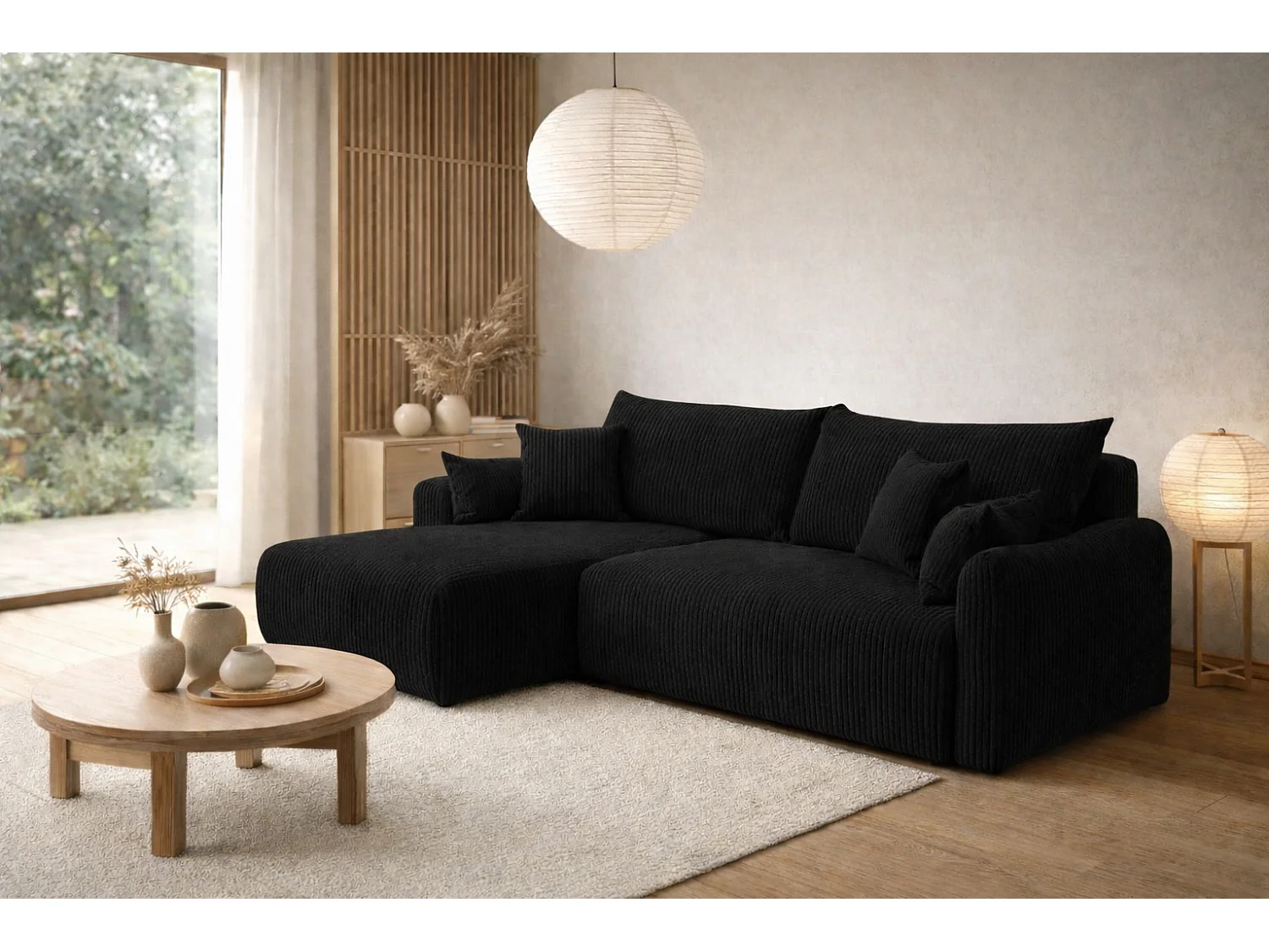 Canapé d’angle avec fonction couchage, tissu en velours côtelé Poso, Noir, Gauche, JAPANDI
