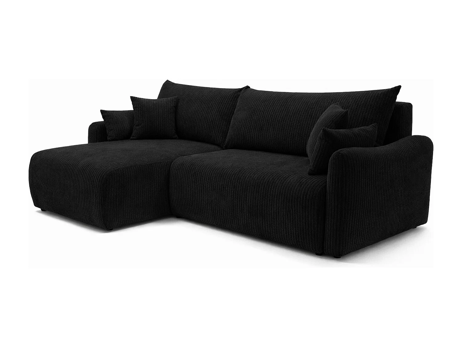 Canapé d’angle avec fonction couchage, tissu en velours côtelé Poso, Noir, Gauche, JAPANDI