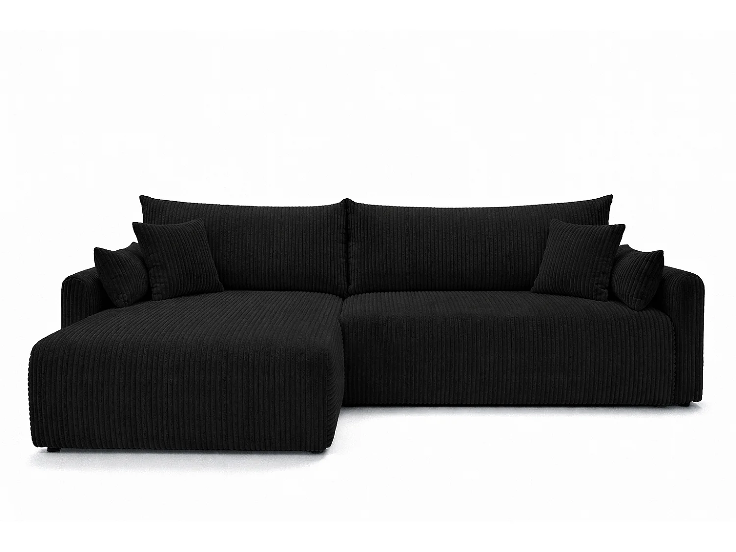Canapé d’angle avec fonction couchage, tissu en velours côtelé Poso, Noir, Gauche, JAPANDI