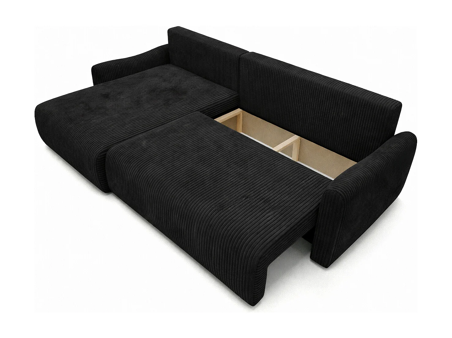 Canapé d’angle avec fonction couchage, tissu en velours côtelé Poso, Noir, Gauche, JAPANDI