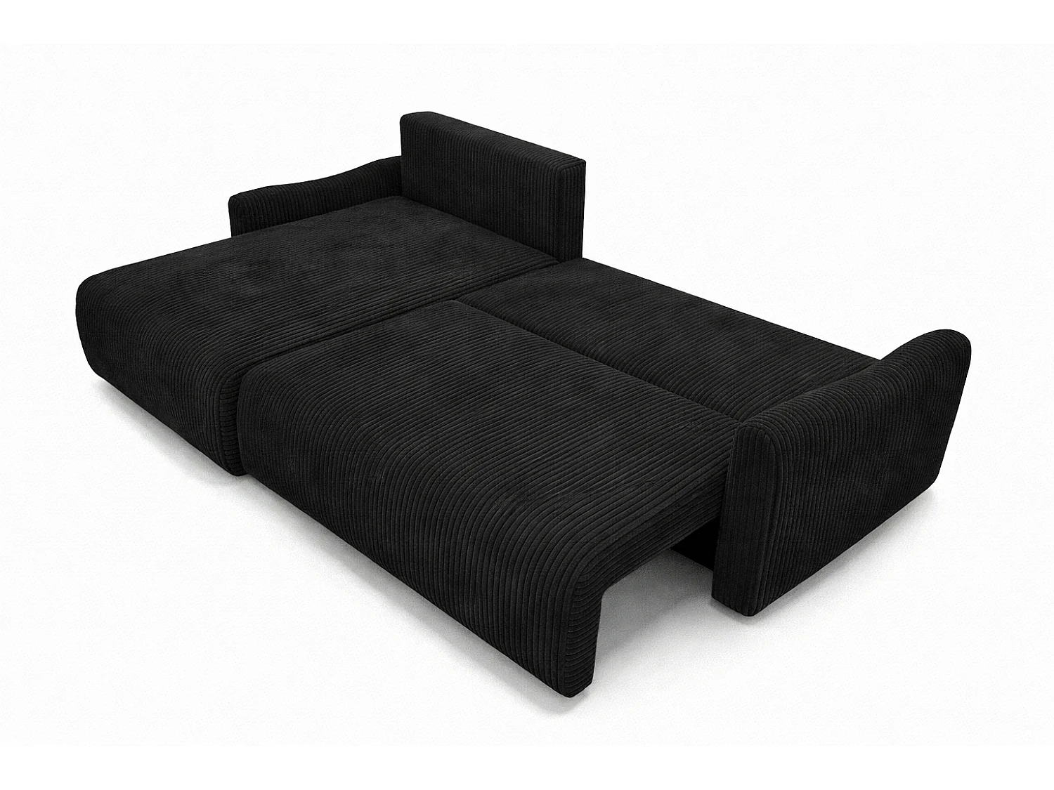 Canapé d’angle avec fonction couchage, tissu en velours côtelé Poso, Noir, Gauche, JAPANDI