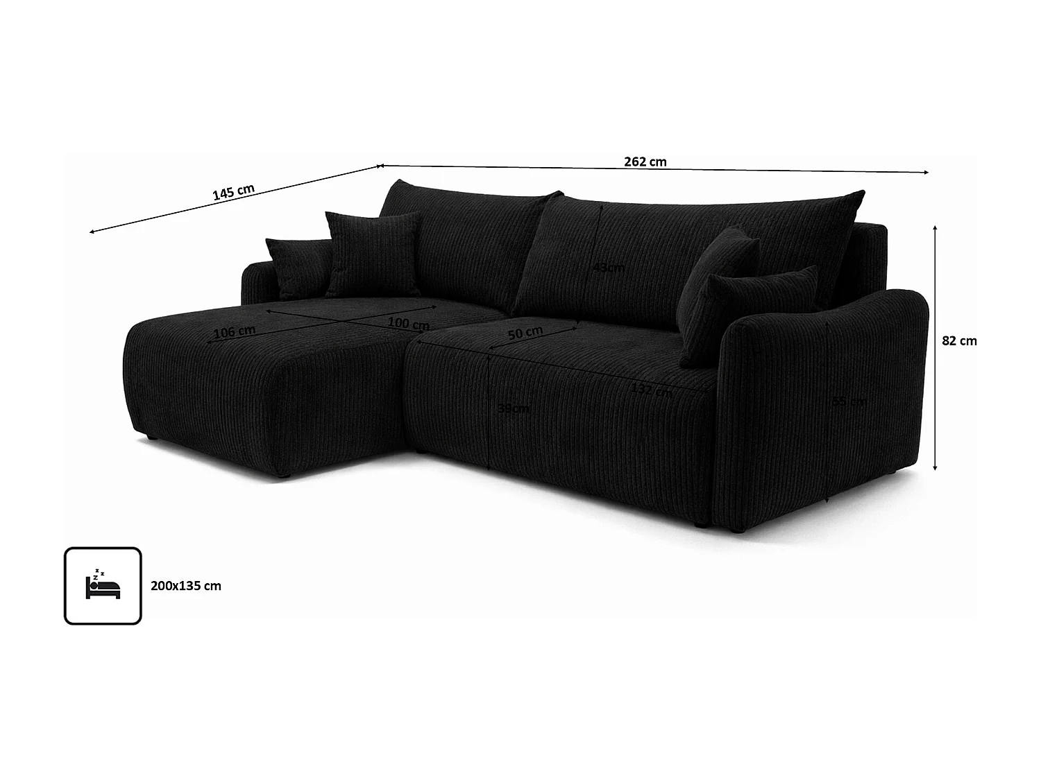 Canapé d’angle avec fonction couchage, tissu en velours côtelé Poso, Noir, Gauche, JAPANDI